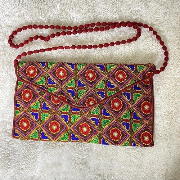 Floral Embroidered Red Green Purple Envelope Purse Shoulder Bag - Picture 1 of 13